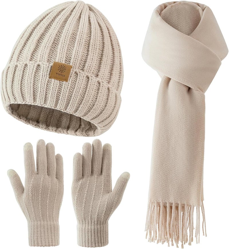 Premillow Women Winter Hat Beanie+Long Scarf+Touch Screen Gloves Set, Warm Clothes Set with Knit Fleece Lined for Women/Men Winter - Image 1